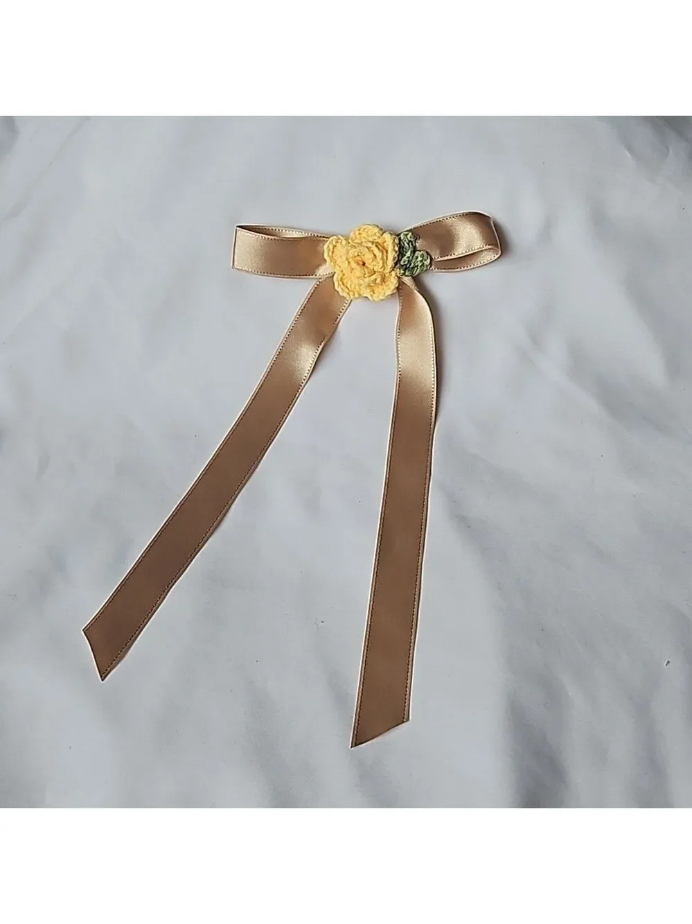 Gold Bow Hair Clip Yellow Crochet Rose Handmade